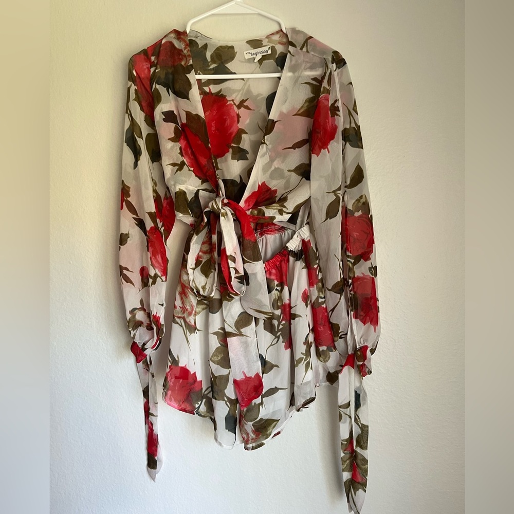 Red floral sheer jumper